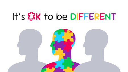 Human silhouette with a colorful puzzle pattern inside among gray human silhouettes. It's Ok To Be Different banner. World Autism Awareness Day. Vector horizontal banner designのイラスト素材