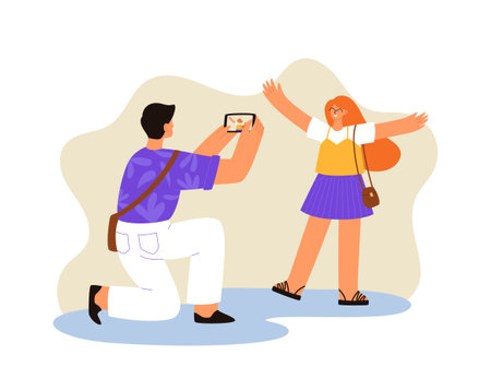 Happy tourists in summer travel. A man make a photo of a woman. Summer vacations. Flat style vector illustrationのイラスト素材