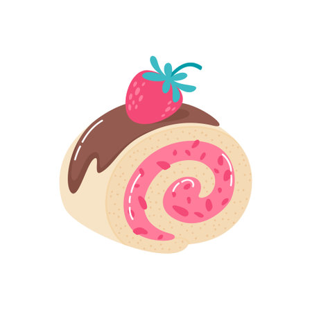 Slice of strawberry roll with berry cream and chocolate topping. Flat style sweet dessert vector illustrationのイラスト素材