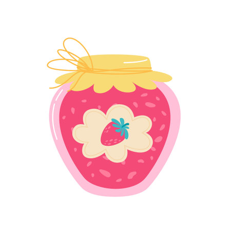 Glass jar with strawberry jam. Flat style sweet dessert vector illustrationのイラスト素材