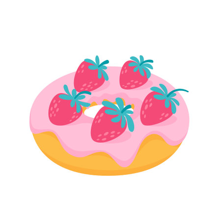 Strawberry donut with berry topping. Flat style sweet dessert vector illustrationのイラスト素材