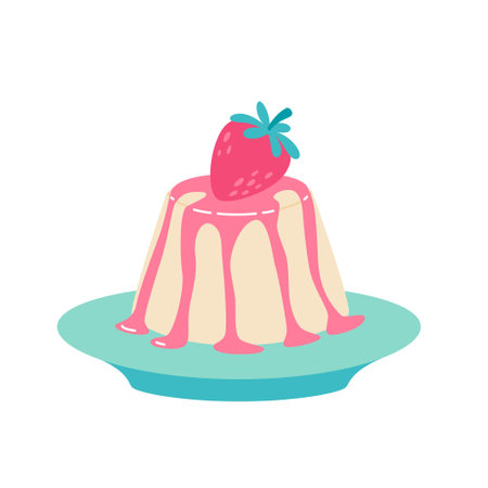 Vanilla panna cotta with strawberry topping and berry. Flat style sweet dessert vector illustrationのイラスト素材