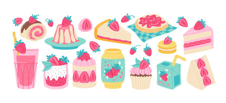 Various strawberry desserts set. Sweet food with strawberry flavor. Flat style sweet vector illustrations collection isolatedのイラスト素材