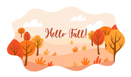 Hello Fall horizontal banner. Warm autumn landscape with yellow, orange and red trees. Seasonal flat vector illustrationのイラスト素材