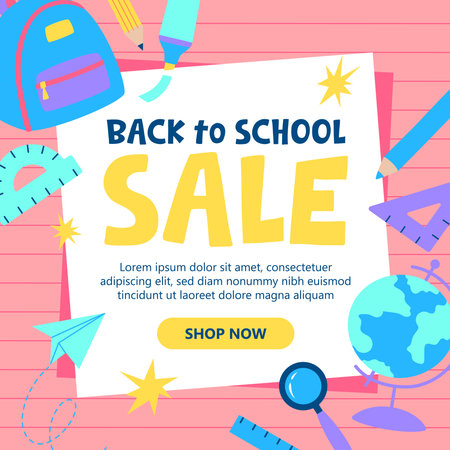 Back to school sale square banner. Backpack, globe and various school stationery. Flat style vector illustrationのイラスト素材