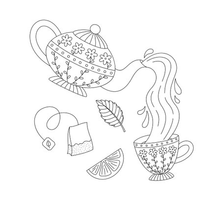 Tea party outline illustration for coloring page. Black and white contour vector illustration. Coloring book for childrenのイラスト素材