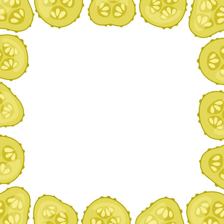 Pickles slices square frame. Pickled cucumbers border. Fermented vegetables decoration. Food vector illustration isolated on white background.のイラスト素材