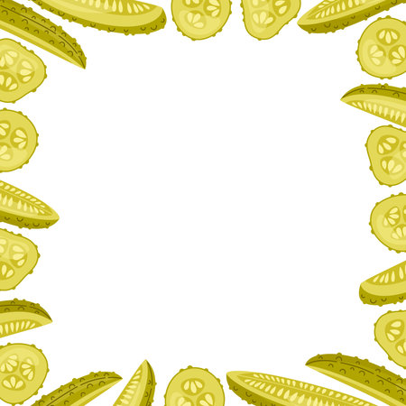Pickles square frame. Pickled cucumbers border. Fermented vegetables decoration. Food vector illustration isolated on white background.のイラスト素材