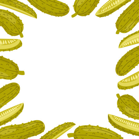 Pickles square frame. Pickled cucumbers an cucumber slices border. Fermented vegetables decoration. Food vector illustration isolated on white background.のイラスト素材