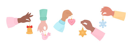 Hands holding Christmas ornaments. Holiday season decoration. Flat style vector illustrationのイラスト素材
