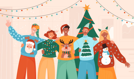 Christmas ugly sweaters party. Friends enjoying holiday celebration. Vector illustration of a diverse group of friends near the Christmas treeのイラスト素材