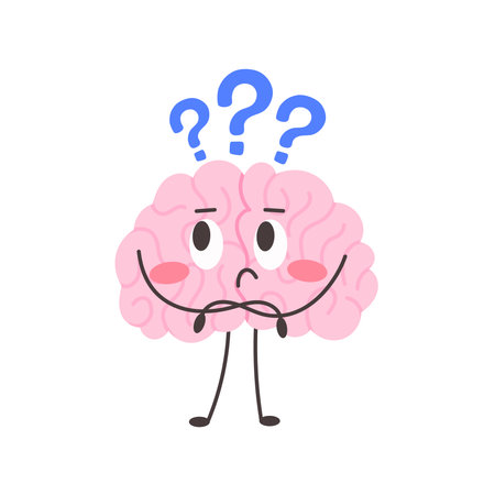 Thinking brain character with question symbols above. Funny emotional mascot. Vector illustration isolatedのイラスト素材