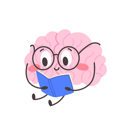 Smart brain character in glasses reads a book. Education and intelligence development concept. Funny mascot. Vector illustration isolatedのイラスト素材