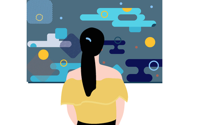 Art gallery. Girl looking at painting at exhibition. Flat style vector illustration.のイラスト素材