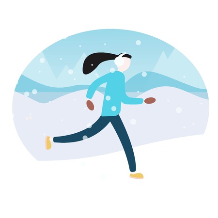 illustration of woman running in winter morning. Flat vector landscape. Woman running winter marathonのイラスト素材