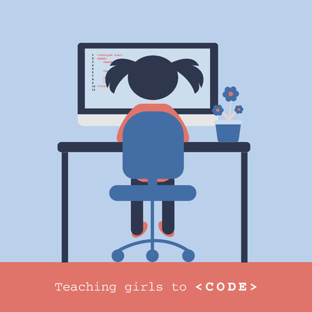Girl coding behind the laptop. Children programming concept. Coding for kids. Design for coding school, class, camp. Vector illustration isolated on white backgroundのイラスト素材