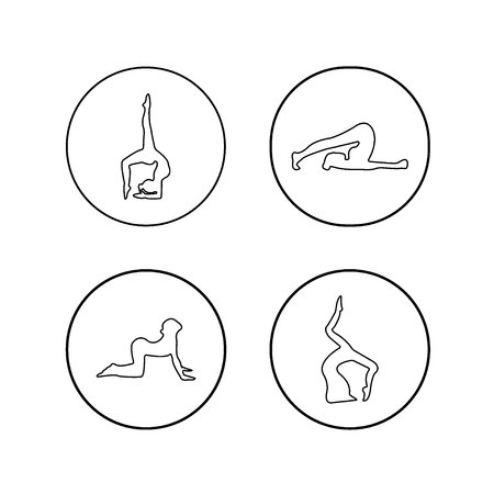 Vector set of yoga poses in a linear style. Women practicing yoga. Yoga postures and Assan.のイラスト素材