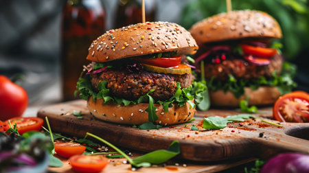 Falafel burger with addition of fresh  radish, onion, dill and Iceberg lettuce on a wooden rustic table. Healthy and delicious  vegetarian dishの素材