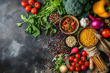 Black stone cooking background. Spices and vegetables. Top view. Free space for your text.の素材