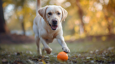 A young labrador runs in the park for a ball. Close-up photographed.の素材