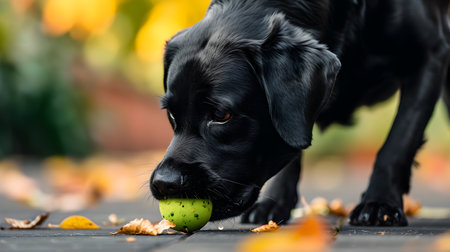 Black Labrador Retriever Dog breed on walk. Dog playing in the park. Active dog outdoor.の素材