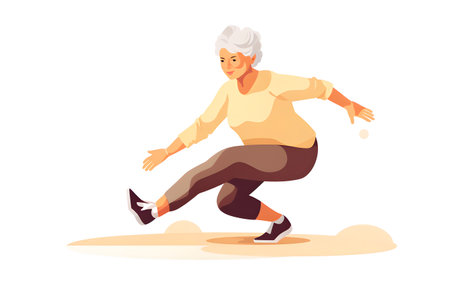 A flat illustration of a seniorwoman doing excercises in a parkの素材
