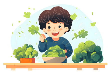 Flat illustration of a boy with a joyful expression holds a bowl filled with fresh green broccoli.の素材