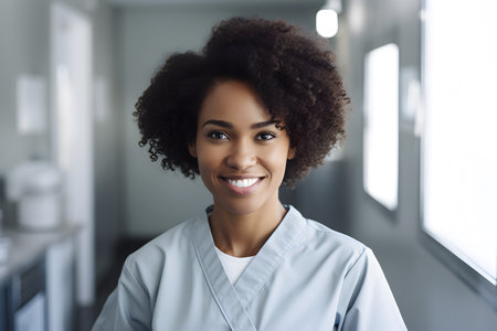 A black woman wearing a hospital lab coat smilingの素材
