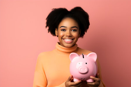 A smiling woman proudly holds a pink piggy bank in her hands as she confidently saves money for her financial goals.の素材