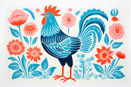 A lively painting featuring a rooster surrounded by a variety of vibrant flowers.の素材