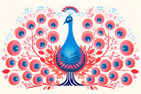 A vibrant blue and pink peacock stands amidst a colorful array of flowers.の素材