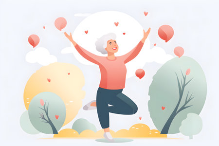 An older woman engages in yoga poses and stretches in a serene park setting.の素材