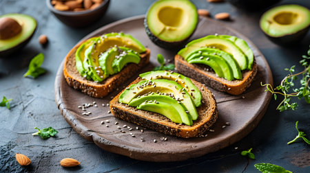 Avocado toast on rye bread with seeds, healthy breakfast or snackの素材