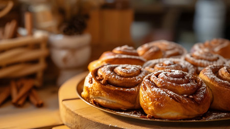 Freshly baked cinnamon rolls on a wooden table. Selective focus.の素材