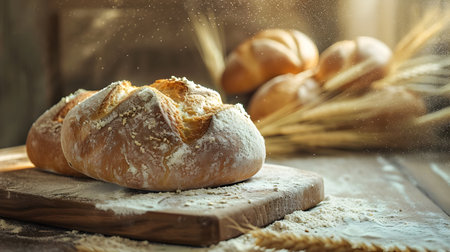 Freshly baked bread and wheat ears on wooden table. Bakery backgroundの素材