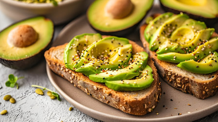 Tasty toasts with avocado and seeds on plate, closeupの素材