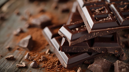 dark chocolate on a wooden table, close-up, selective focusの素材