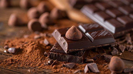 chocolate bar and cocoa powder on wooden table, closeup photoの素材