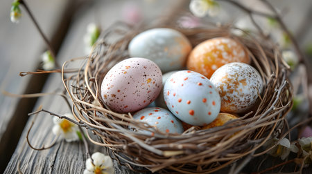 Easter eggs in nest with spring flowers on wooden background, closeupの素材