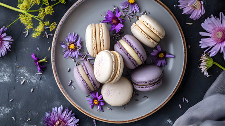 Colorful macaroons on a plate with flowers, top viewの素材