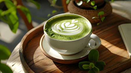 Cup of tasty matcha latte on wooden table, closeupの素材