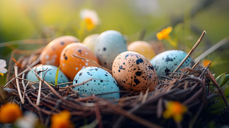 Colorful easter eggs in nest on green grass. Happy Easter.の素材