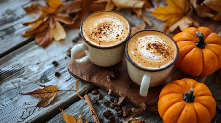 Two cups of coffee with pumpkins and autumn leaves on wooden backgroundの素材