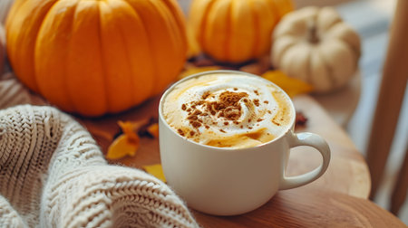 Cup of coffee with whipped cream and pumpkins on wooden tableの素材