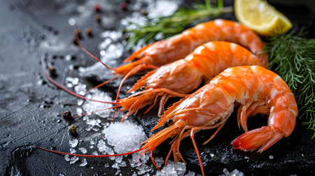 Raw tiger prawns with lemon and dill on black stone backgroundの素材