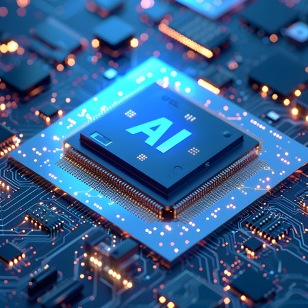 Artificial intelligence (AI) concept. Computer processor chip with microcircuit. 3d illustrationの素材