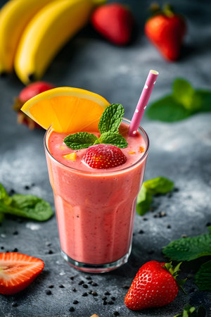Strawberry smoothie with banana and mint on a dark backgroundの素材