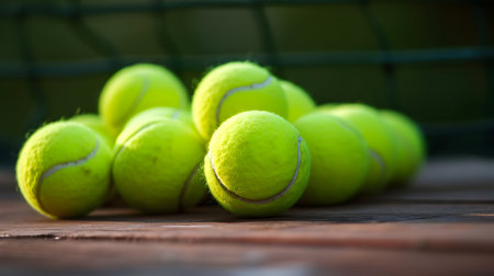 tennis balls on a tennis court. soft focus. shallow depth of fieldの素材
