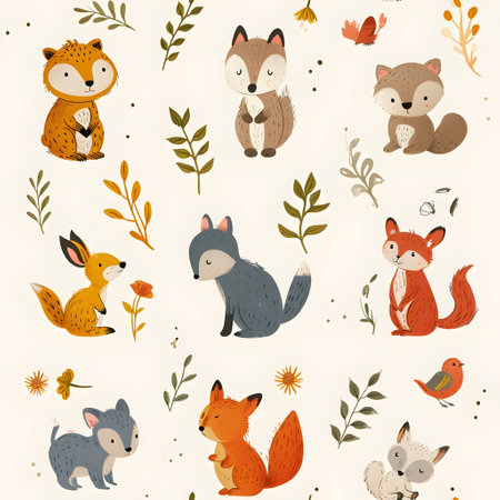 Seamless pattern with cute cartoon foxes and squirrels. Vector illustration.の素材