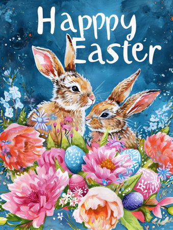 Easter greeting card with cute bunnies and flowers. Watercolor illustrationの素材